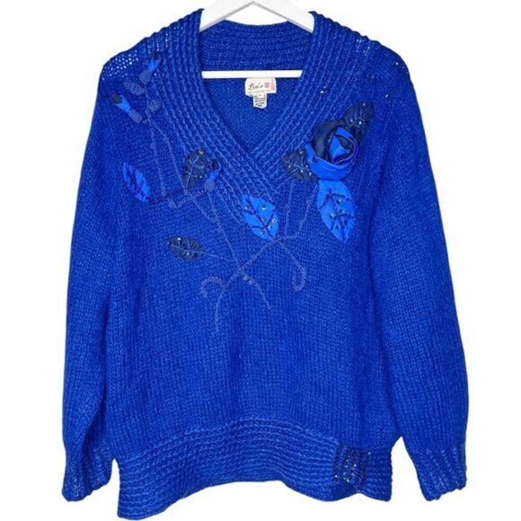 Vintage‎ LIM's Cobalt Blue Angora Embellished Sweater Size Large - Picture 1 of 11